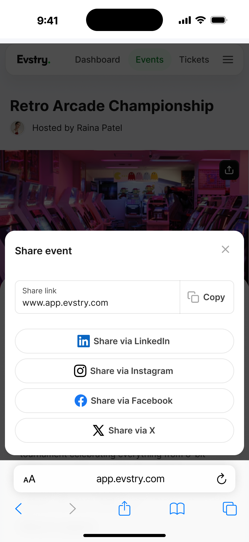 Share event modal with LinkedIn, Instagram, Facebook, and X sharing options