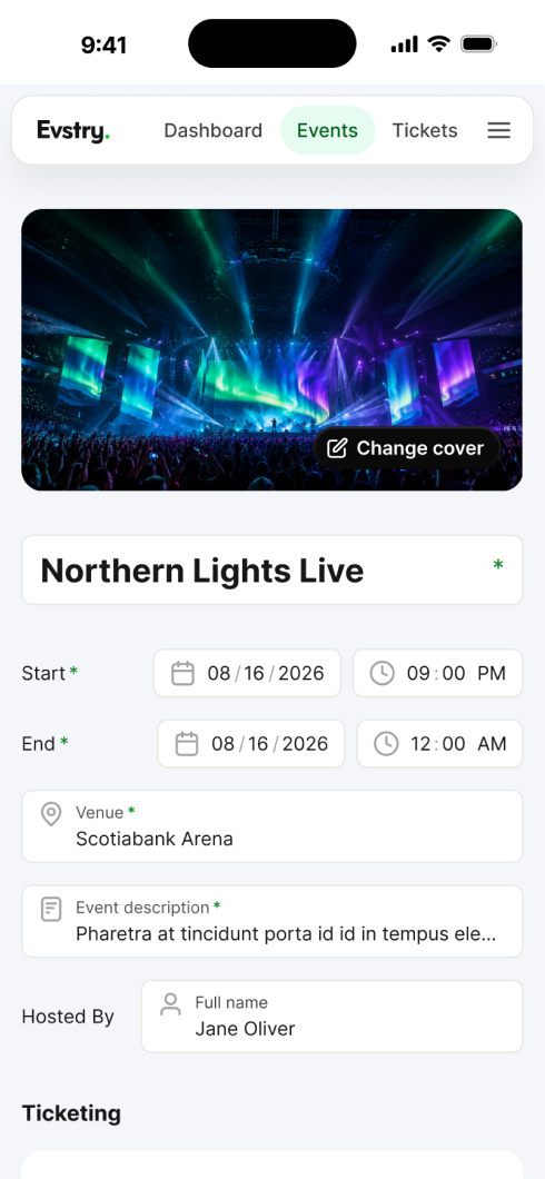 Creating an event in the Evstry app, with cover image, title, date, and venue fields